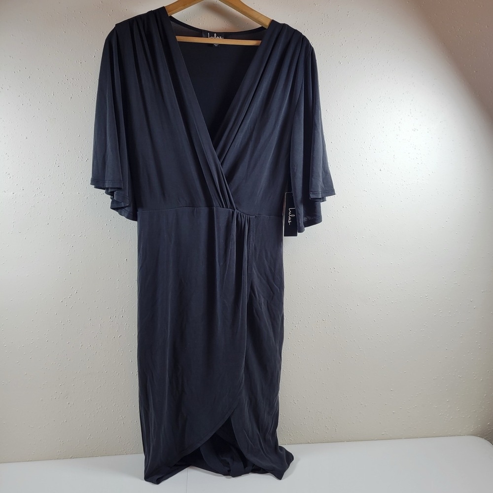 NWT Lulus Wrap Midi Dress Womens Medium Grey Flutter Sleeve V-Neck Modal Blend